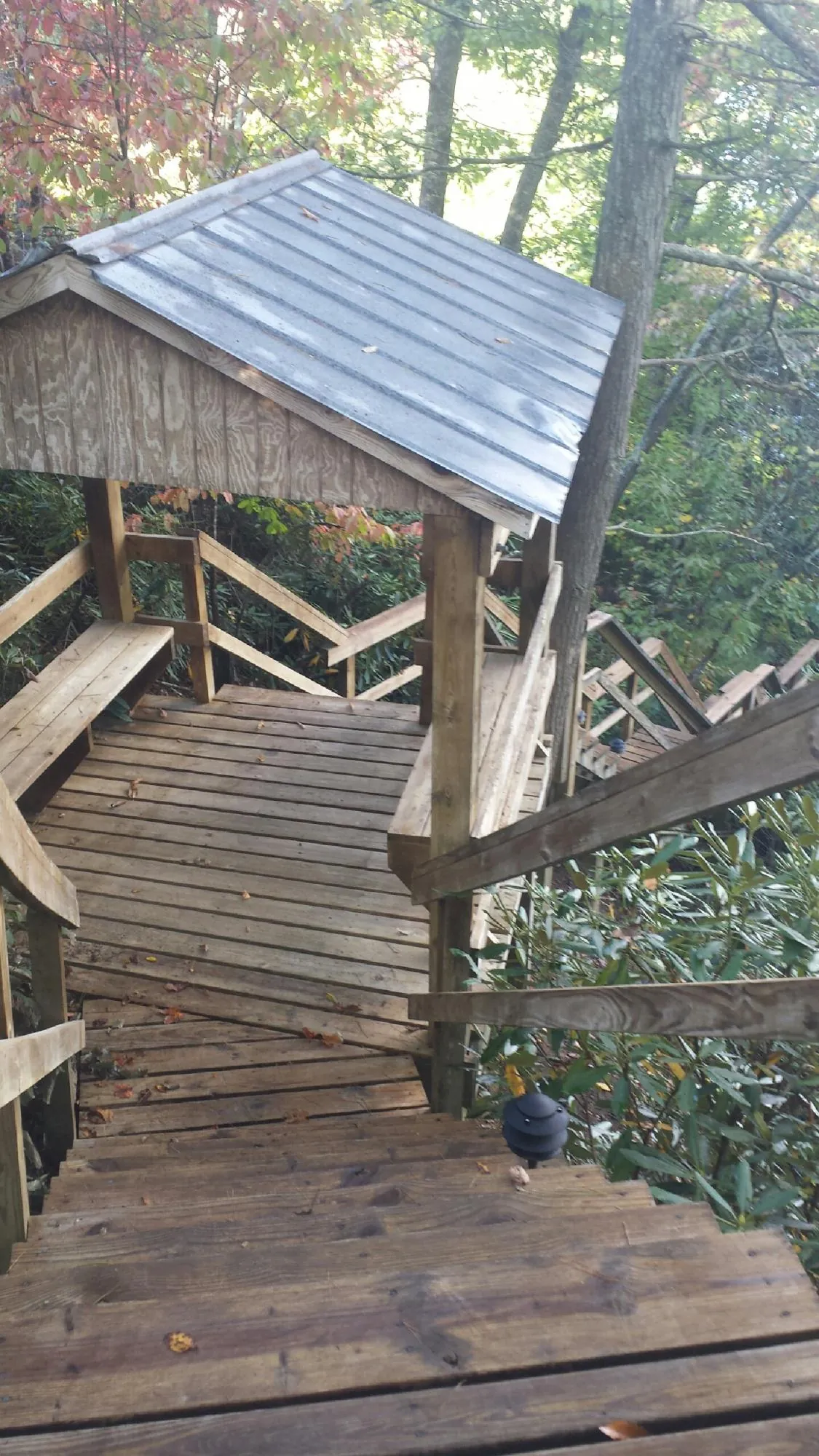 Metal roofed shelter over wooden steps on a wooded walkway — Skylight Repair & Installation work by our crew in Augusta Springs